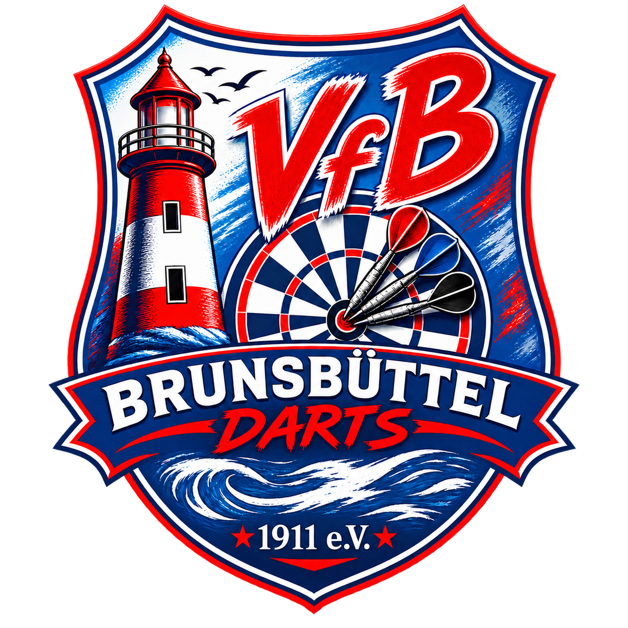 VfB Brunsbüttel Darts – Wappen mit Leuchtturm, Dartscheibe und drei Pfeilen